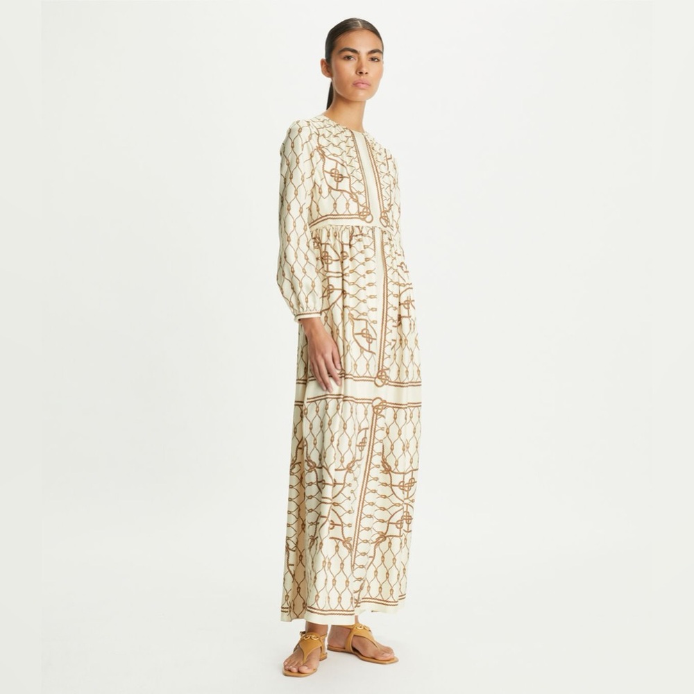 NWT Tory Burch Printed Gathered Silk-twill Maxi Dress - Neutrals $998 00